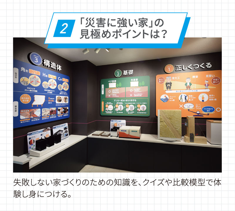 point2/「災害に強い家」の見極めポイントは?/失敗しない家づくりのための知識を、クイズや比較模型で体験し身につける。
