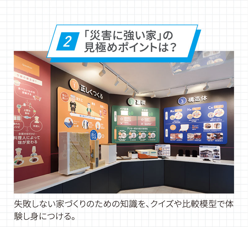 point2/「災害に強い家」の見極めポイントは?/失敗しない家づくりのための知識を、クイズや比較模型で体験し身につける。
