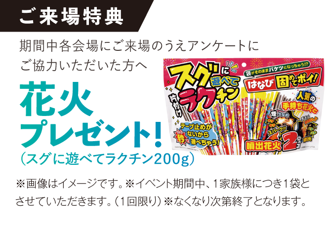 ご来場特典 期間中各会場にご来場のうえアンケートにご協力いただいた方へ 花火プレゼント！（スグに遊べてラクチン２００ｇ）