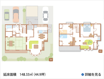 二世帯住宅間取り図：開放的なリビングと和室二間続きのある二世帯住宅