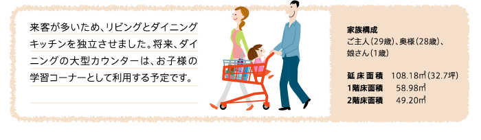 来客が多いため、リビングとダイニングキッチンを独立させました。将来、ダイニングの大型カウンターは、お子様の学習コーナーとして利用する予定です。