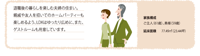 退職後の暮らしを楽しむ夫婦の住まい。親戚や友人を招いてのホームパーティーも楽しめるよう、LDKはゆったり広めに、また、ゲストルームも用意しています。